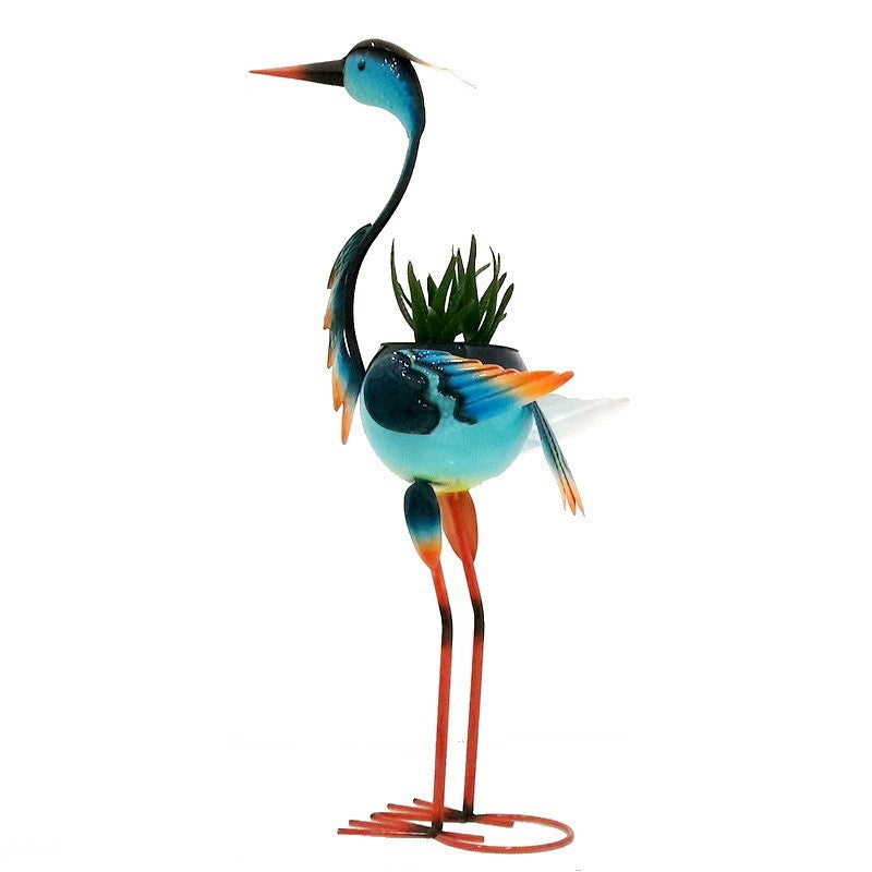 Decoratiune Gradina Flamingo cu Suport pentru Plante, Ornament Metalic pentru Flori, Model Stilizat din Fier, Albastru, 71 x 34 x 22 cm