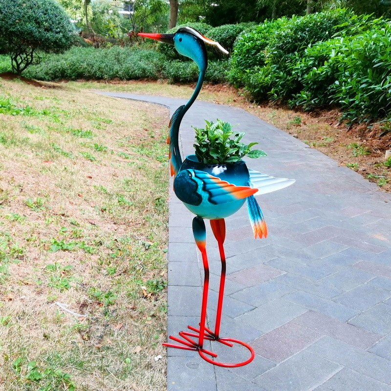 Decoratiune Gradina Flamingo cu Suport pentru Plante, Ornament Metalic pentru Flori, Model Stilizat din Fier, Albastru, 71 x 34 x 22 cm