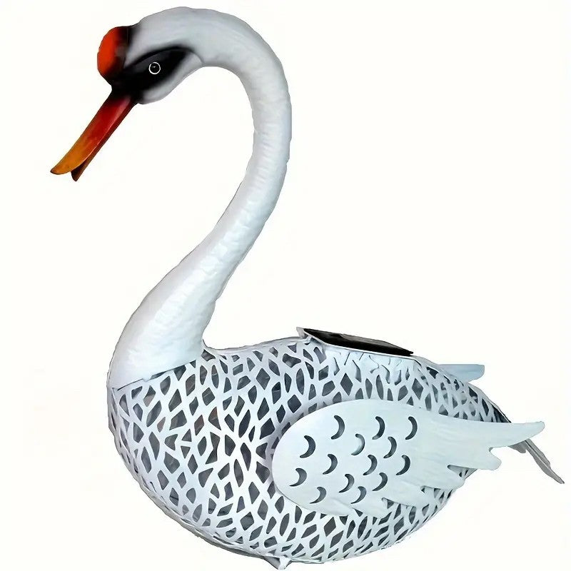 Decoratiune Gradina cu Lampa Solara LED, Model Lebada, Ornament Exterior Rezistent la Intemperii, Metal, 39.5 x 35.5 x 14 cm, Alb