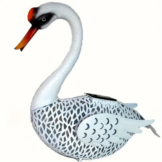 Decoratiune Gradina cu Lampa Solara LED, Model Lebada, Ornament Exterior Rezistent la Intemperii, Metal, 39.5 x 35.5 x 14 cm, Alb