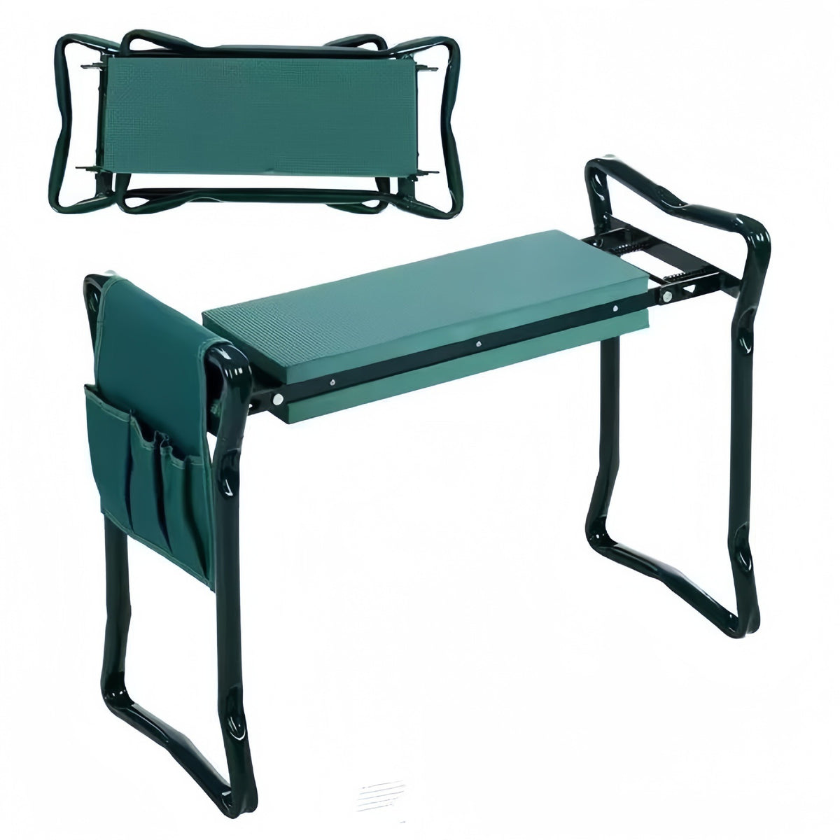 Scaun si Bancuta pentru Gradinarit 2 in 1, Genunchiera Pliabila cu Manere de Sprijin si Geanta Unelte, Cadru Otel si Spuma EVA, 60 x 49 x 27 cm, Verde