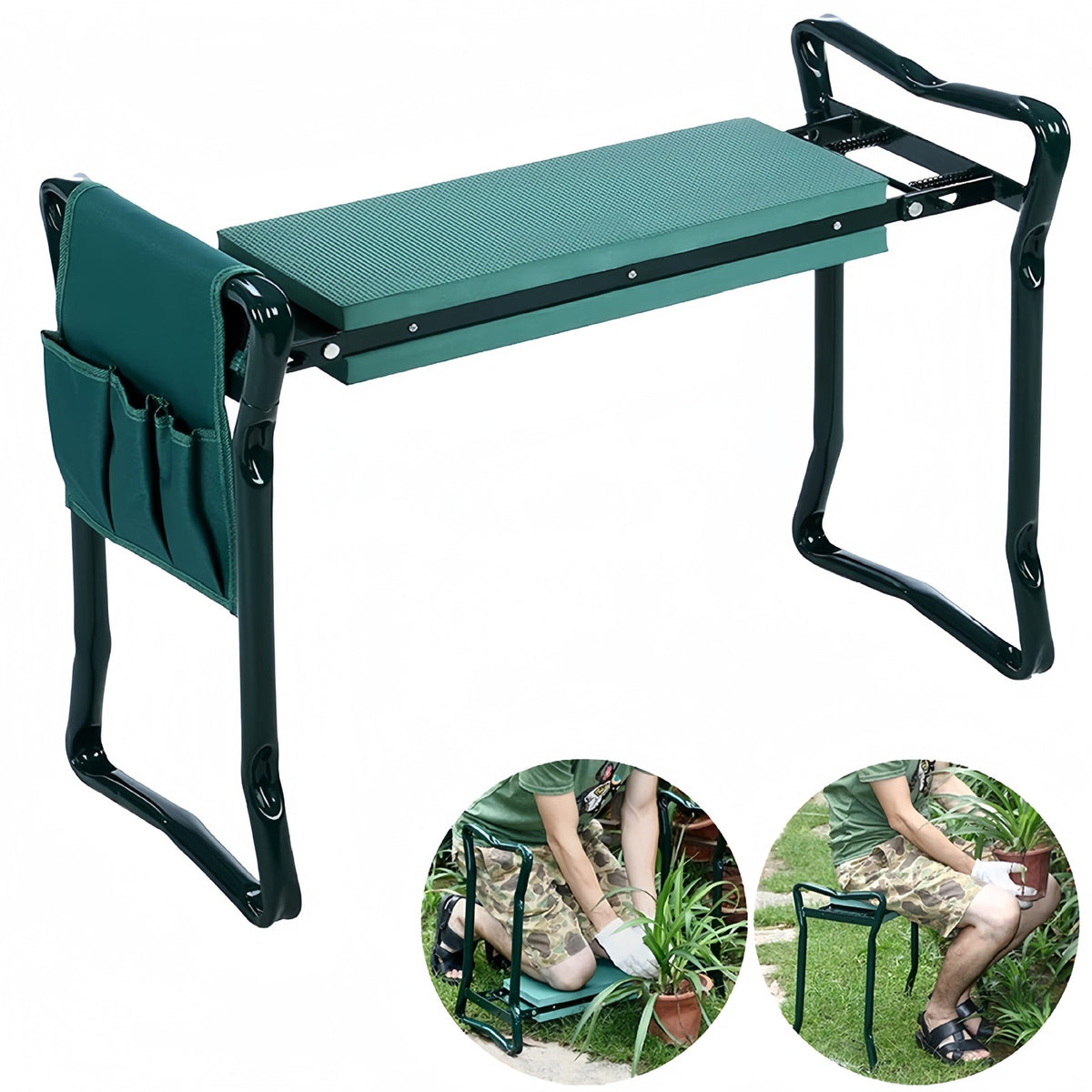 Scaun si Bancuta pentru Gradinarit 2 in 1, Genunchiera Pliabila cu Manere de Sprijin si Geanta Unelte, Cadru Otel si Spuma EVA, 60 x 49 x 27 cm, Verde