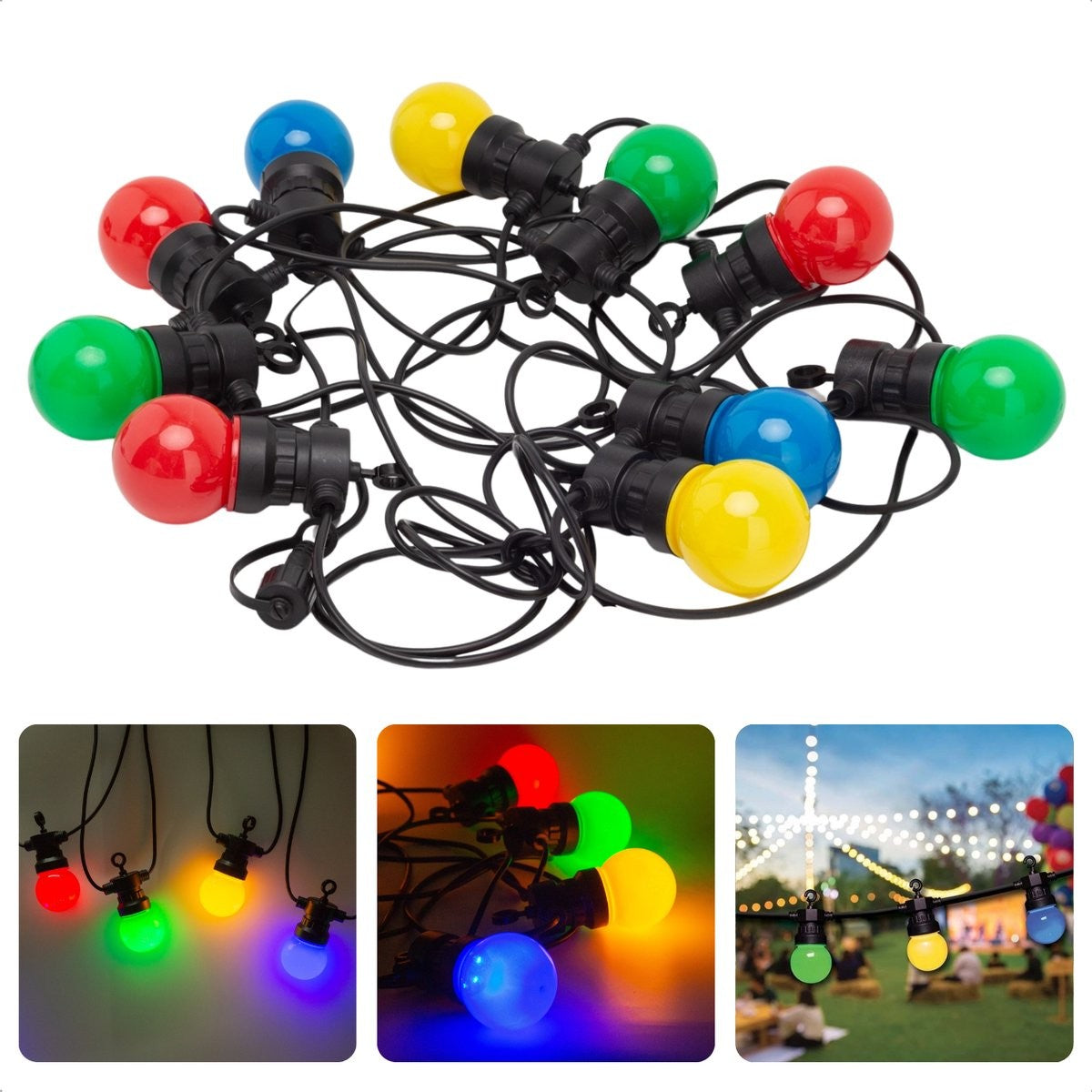 Ghirlanda Luminoasa Exterior si Interior, Becuri LED Model Bulb, Interconectabila, Protectie IP65, PVC, 10 m, 20 LED-uri, Multicolor