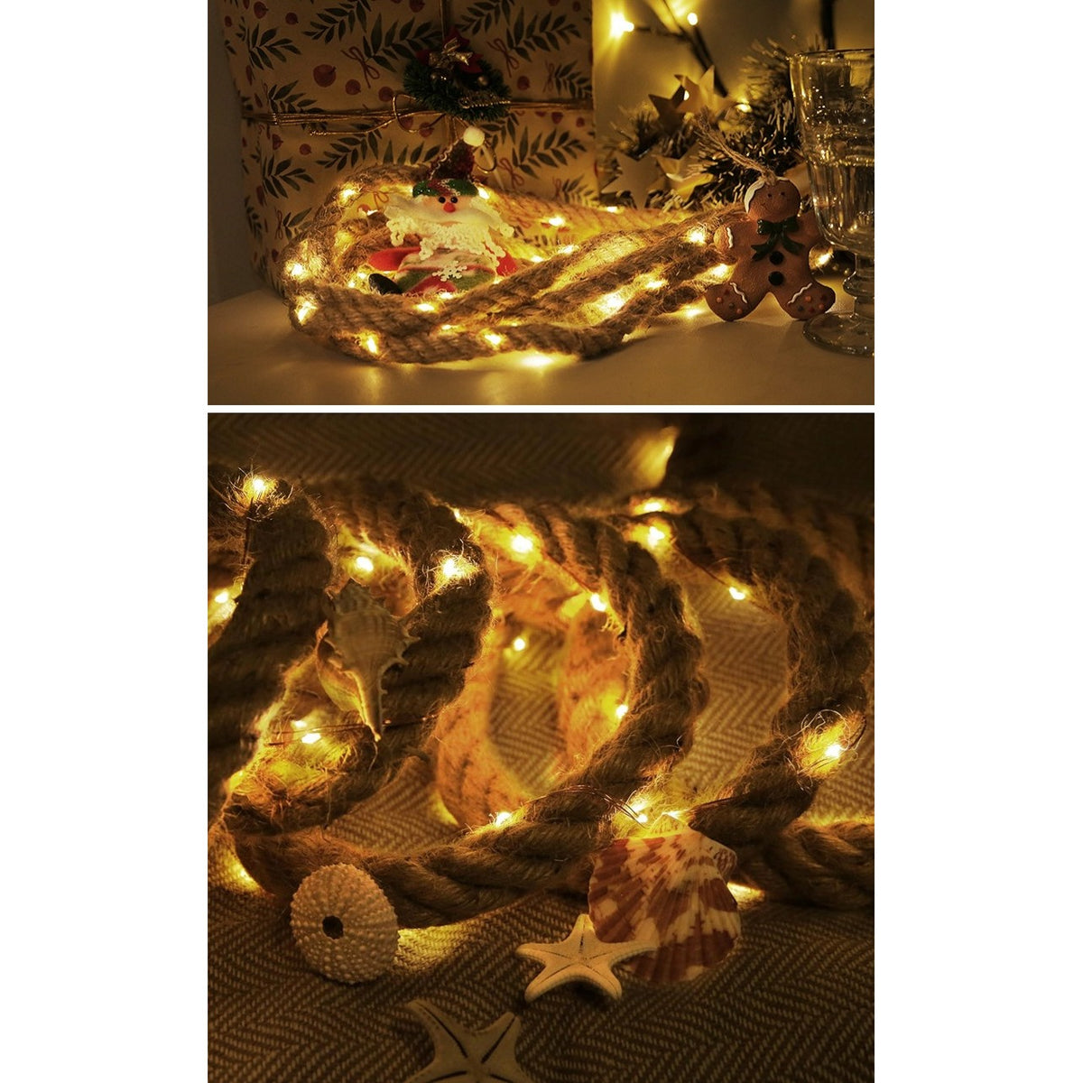 Instalatie Luminoasa LED, Decorativa, Model Sfoara de Canepa cu Fir de Cupru, 8 Jocuri de Lumini, IP44, Alimentare Baterii, 3 m, 60 LED, Alb Cald