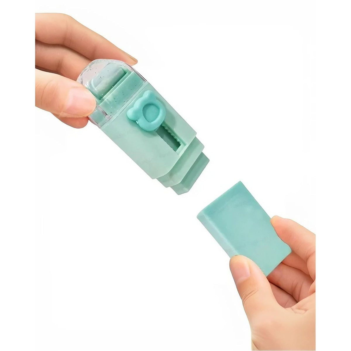 Radiera Retractabila cu Mecanism Push-Pull, Model Ursulet, Cauciuc Moale Netoxic, 2 Rezerve Incluse, Verde Deschis