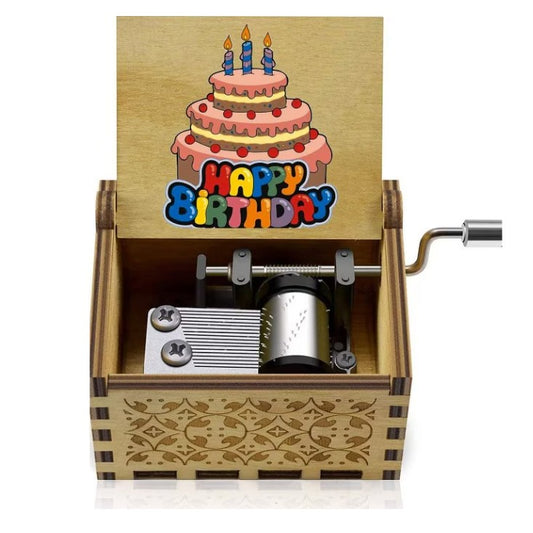 Cutie Muzicala Manuala, Mecanism cu Manivela, Melodie Happy Birthday, Lemn Gravat, Maro, 6 x 5 x 4.2 cm