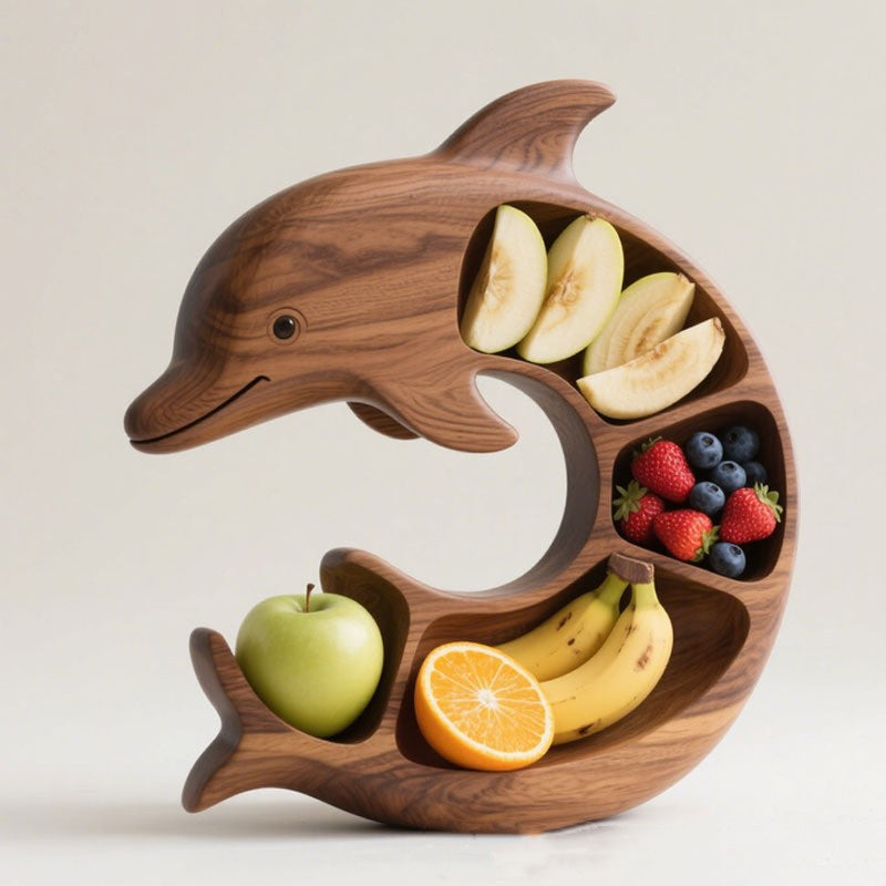 Platou pentru Servire in Forma de Delfin, 4 Compartimente pentru Gustari si Branzeturi, Lemn Masiv, Design Artistic, 26 x 25 x 4 cm, Maro Natur