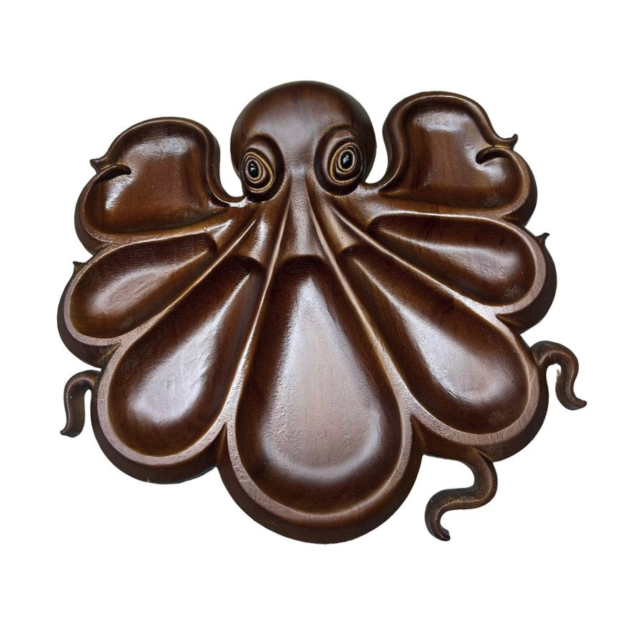 Platou pentru Servire in Forma de Caracatita, 8 Compartimente pentru Gustari si Branzeturi, Design Artistic, Lemn Masiv, 26 x 25 x 3 cm, Maro Inchis