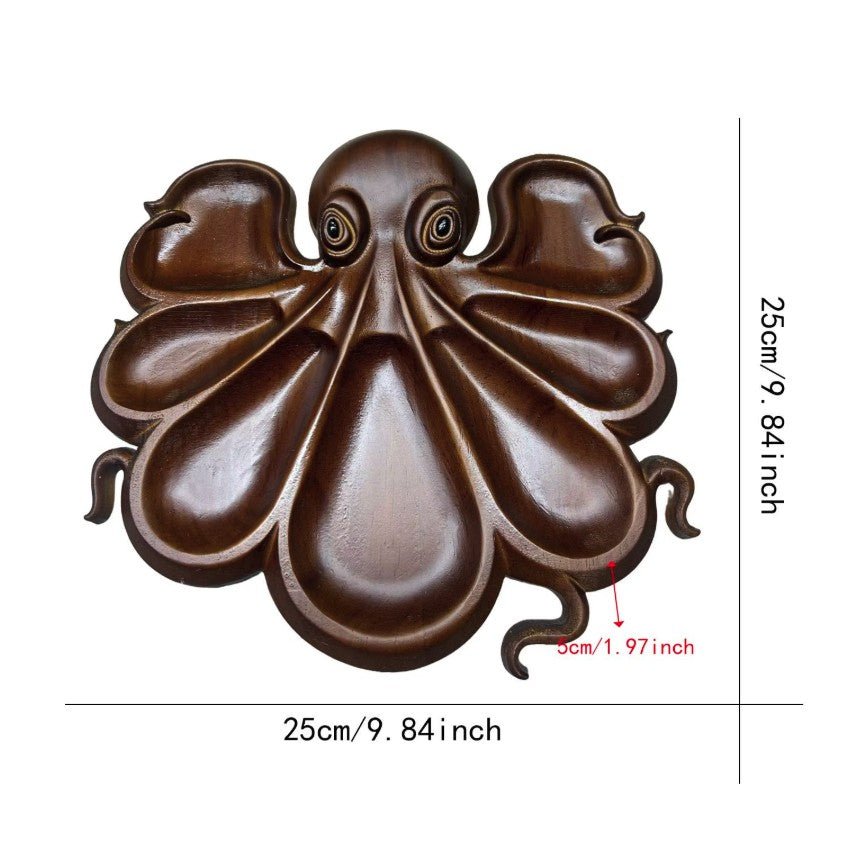 Platou pentru Servire in Forma de Caracatita, 8 Compartimente pentru Gustari si Branzeturi, Design Artistic, Lemn Masiv, 26 x 25 x 3 cm, Maro Inchis