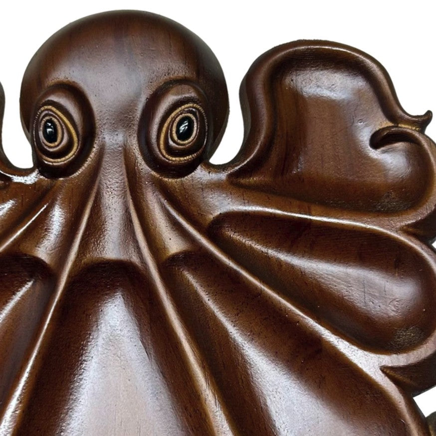 Platou pentru Servire in Forma de Caracatita, 8 Compartimente pentru Gustari si Branzeturi, Design Artistic, Lemn Masiv, 26 x 25 x 3 cm, Maro Inchis