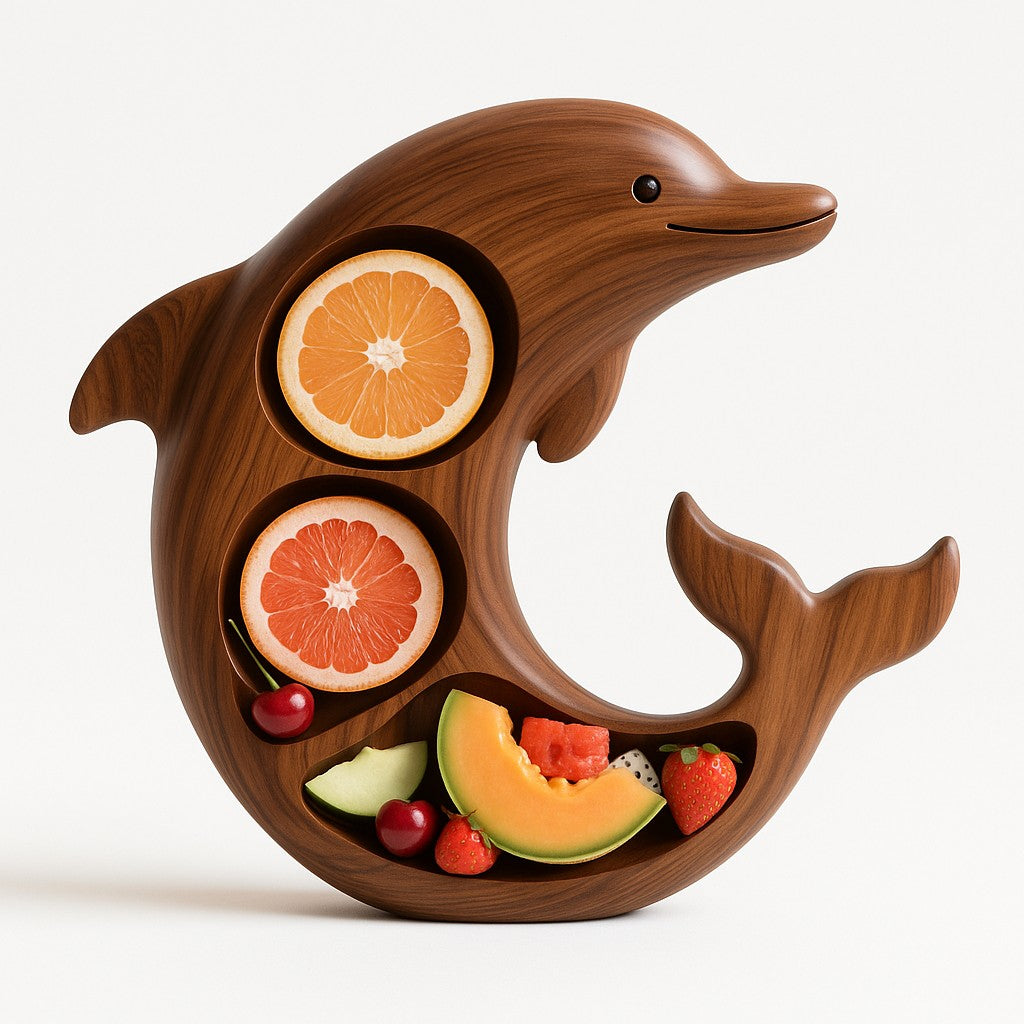 Platou pentru Servire in Forma de Delfin, Suport cu 3 Compartimente pentru Gustari si Branzeturi, Lemn Masiv, 26 x 25 x 4 cm, Maro Natur