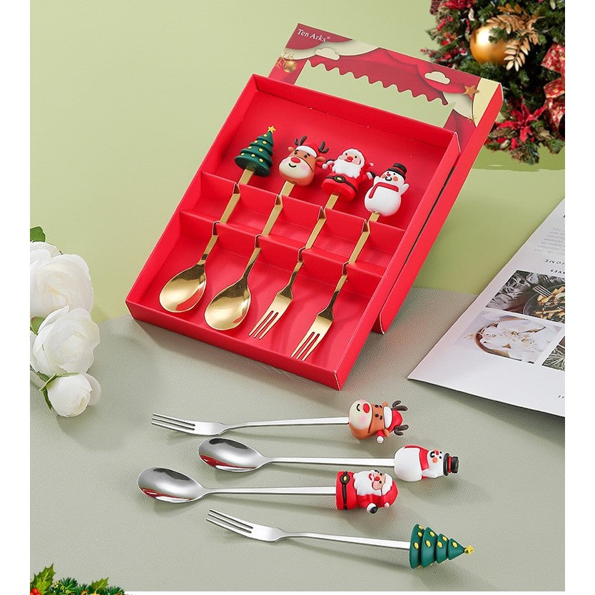 Set 4 Tacamuri pentru Desert cu Tematica de Craciun, 2 Linguri si 2 Furculite cu Figurine Festive, Otel Inoxidabil 410, Cutie Cadou, 19 x 15 x 2.2 cm, Auriu/Multicolor