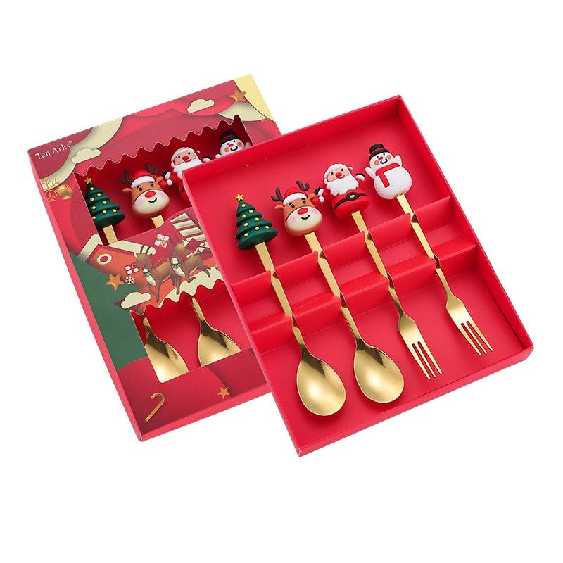 Set 4 Tacamuri pentru Desert cu Tematica de Craciun, 2 Linguri si 2 Furculite cu Figurine Festive, Otel Inoxidabil 410, Cutie Cadou, 19 x 15 x 2.2 cm, Auriu/Multicolor