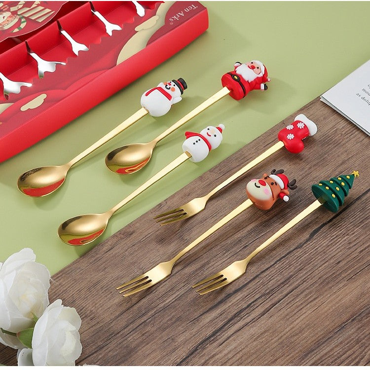 Set 4 Tacamuri pentru Desert cu Tematica de Craciun, 2 Linguri si 2 Furculite cu Figurine Festive, Otel Inoxidabil 410, Cutie Cadou, 19 x 15 x 2.2 cm, Auriu/Multicolor