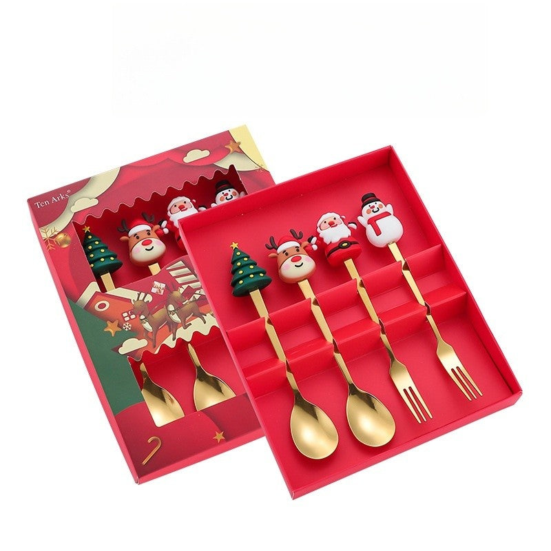 Set 4 Tacamuri pentru Desert cu Tematica de Craciun, 2 Linguri si 2 Furculite cu Figurine Festive, Otel Inoxidabil 410, Cutie Cadou, 19 x 15 x 2.2 cm, Auriu/Multicolor