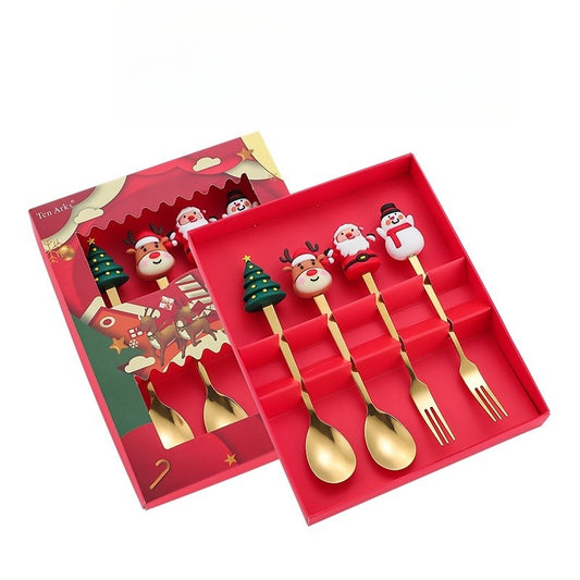 Set 4 Tacamuri pentru Desert cu Tematica de Craciun, 2 Linguri si 2 Furculite cu Figurine Festive, Otel Inoxidabil 410, Cutie Cadou, 19 x 15 x 2.2 cm, Auriu/Multicolor