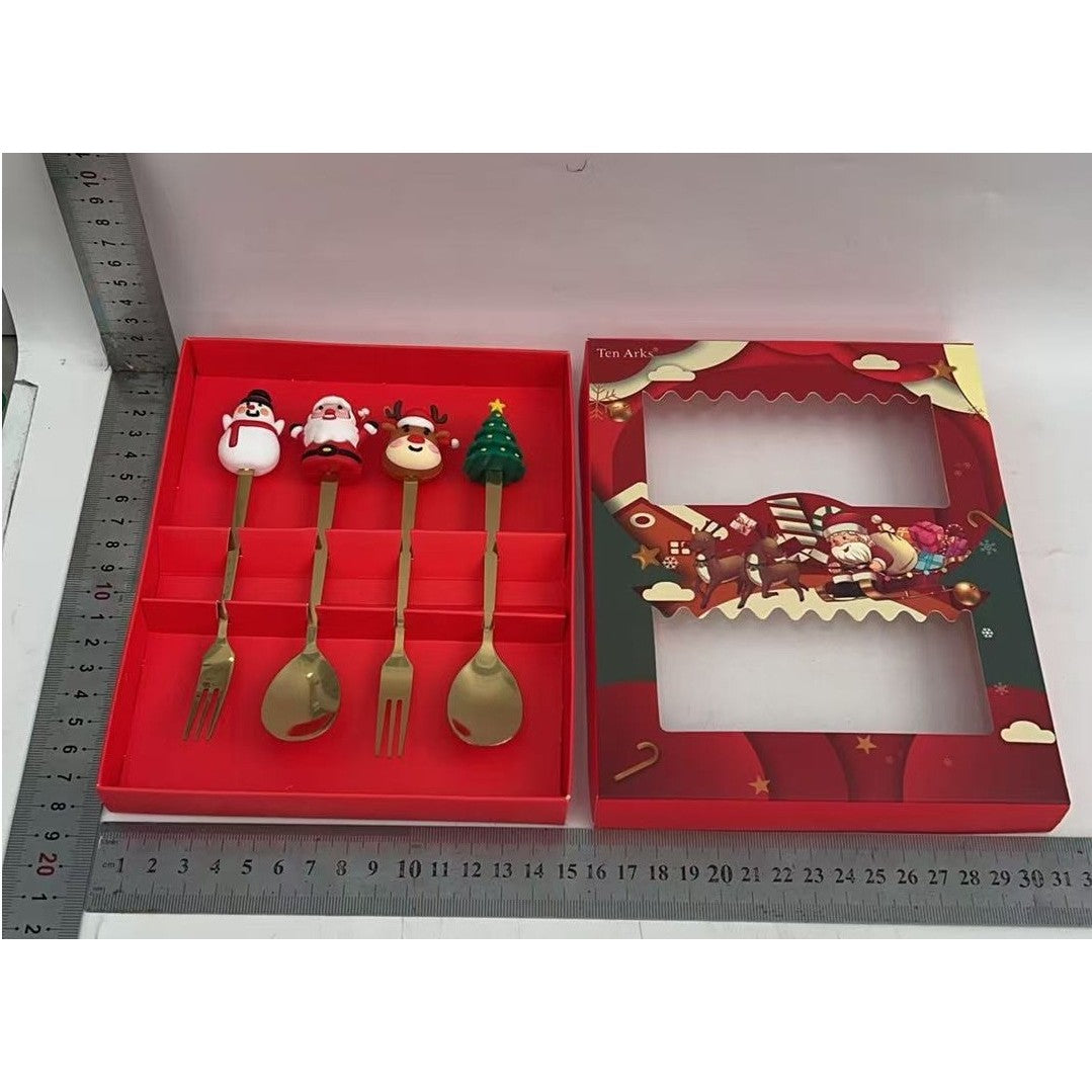 Set 4 Tacamuri pentru Desert cu Tematica de Craciun, 2 Linguri si 2 Furculite cu Figurine Festive, Otel Inoxidabil 410, Cutie Cadou, 19 x 15 x 2.2 cm, Auriu/Multicolor