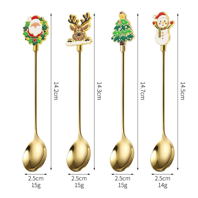 Set 4 Lingurite pentru Desert cu Tematica Craciun, Model Carry The Merry, Figurine 3D, Otel Inoxidabil 304, Cutie Cadou, Auriu si Multicolor