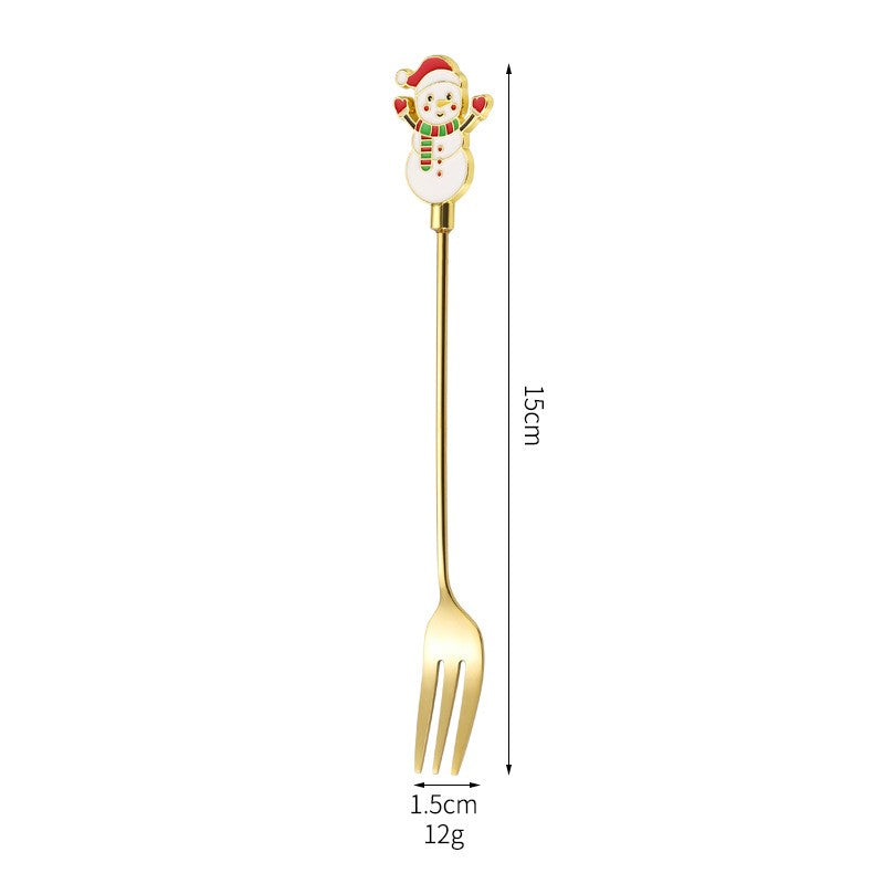 Set 4 Furculițe Pentru Desert, Tematică Crăciun Carry The Merry, Oțel Inoxidabil 304, Cutie Cadou, Modele Moș Crăciun, Ren, Brad, Om Zăpadă, Auriu, 15 cm