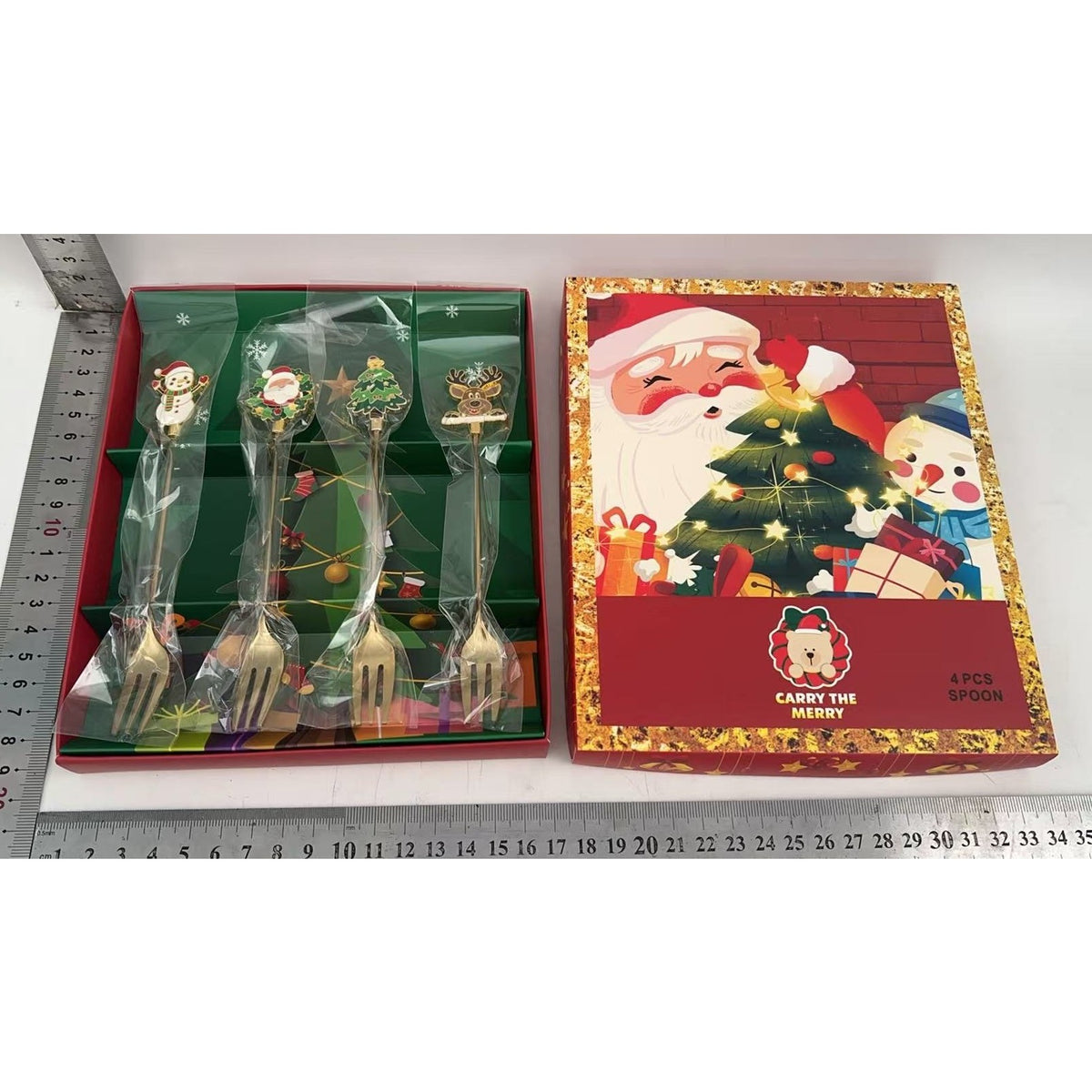 Set 4 Furculițe Pentru Desert, Tematică Crăciun Carry The Merry, Oțel Inoxidabil 304, Cutie Cadou, Modele Moș Crăciun, Ren, Brad, Om Zăpadă, Auriu, 15 cm
