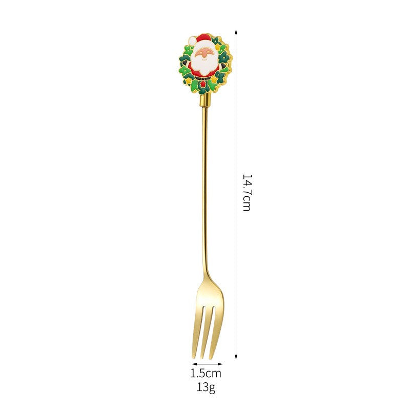 Set 4 Furculițe Pentru Desert, Tematică Crăciun Carry The Merry, Oțel Inoxidabil 304, Cutie Cadou, Modele Moș Crăciun, Ren, Brad, Om Zăpadă, Auriu, 15 cm