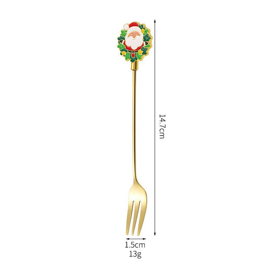 Set 4 Furculițe Pentru Desert, Tematică Crăciun Carry The Merry, Oțel Inoxidabil 304, Cutie Cadou, Modele Moș Crăciun, Ren, Brad, Om Zăpadă, Auriu, 15 cm