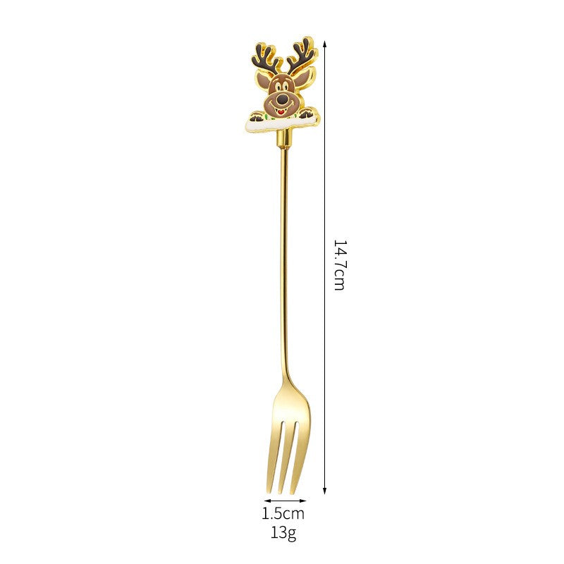 Set 4 Furculițe Pentru Desert, Tematică Crăciun Carry The Merry, Oțel Inoxidabil 304, Cutie Cadou, Modele Moș Crăciun, Ren, Brad, Om Zăpadă, Auriu, 15 cm