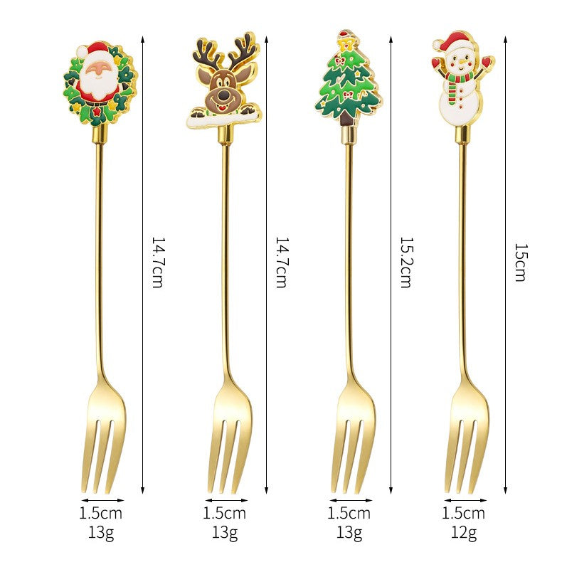 Set 4 Furculițe Pentru Desert, Tematică Crăciun Carry The Merry, Oțel Inoxidabil 304, Cutie Cadou, Modele Moș Crăciun, Ren, Brad, Om Zăpadă, Auriu, 15 cm