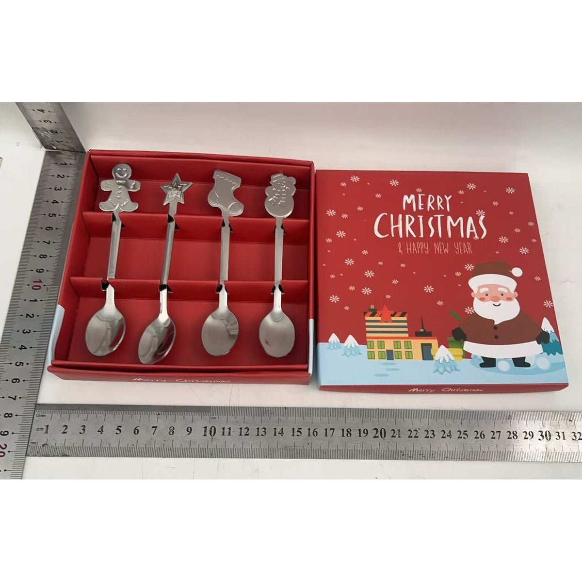 Set 4 Lingurite Cafea si Ceai, Tematica Craciun cu Modele Festive, Otel Inoxidabil, Cutie Cadou, 12.5 cm, Argintiu