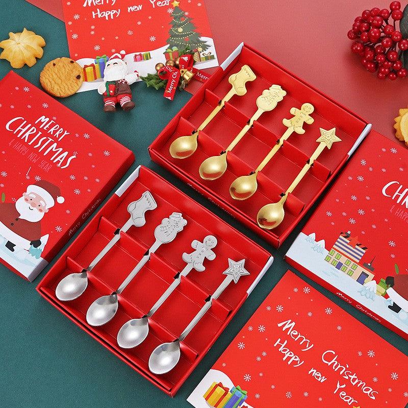 Set 4 Lingurite Cafea si Ceai, Tematica Craciun cu Modele Festive, Otel Inoxidabil, Cutie Cadou, 12.5 cm, Argintiu