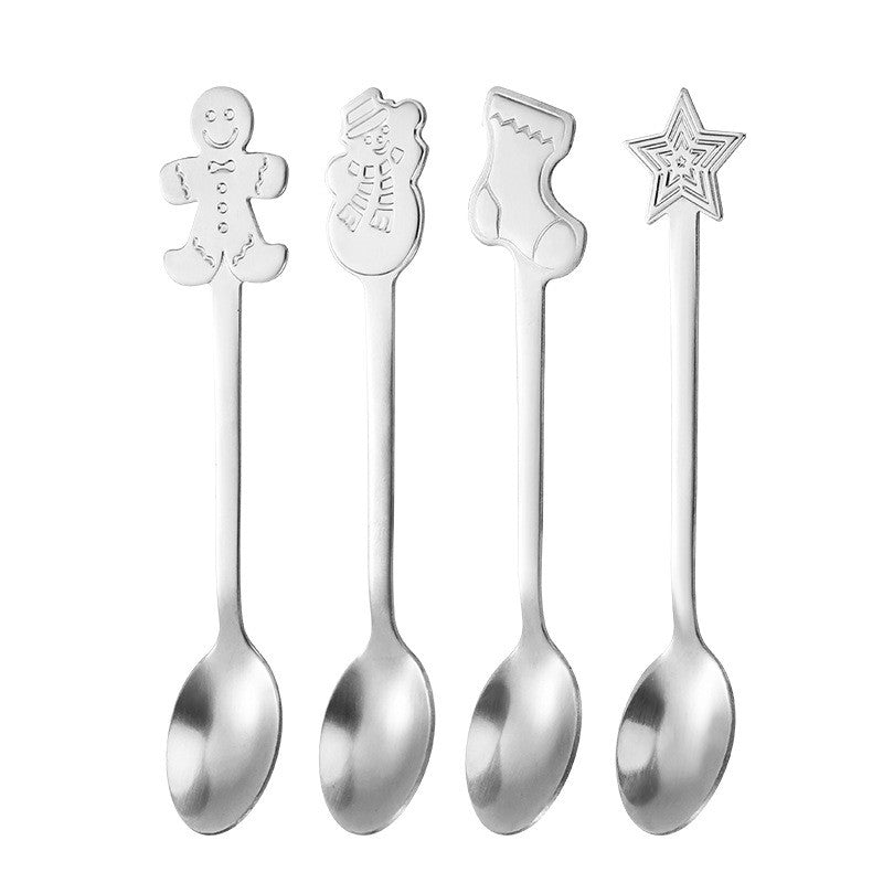 Set 4 Lingurite Cafea si Ceai, Tematica Craciun cu Modele Festive, Otel Inoxidabil, Cutie Cadou, 12.5 cm, Argintiu