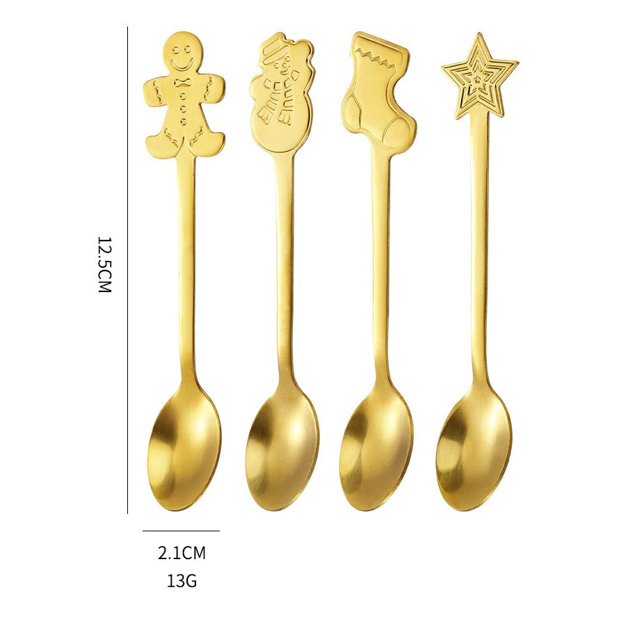 Set 4 Lingurite Craciun, Modele Festive pentru Cafea si Ceai, Otel Inoxidabil 410, Cutie Cadou, Auriu, 12.5 cm