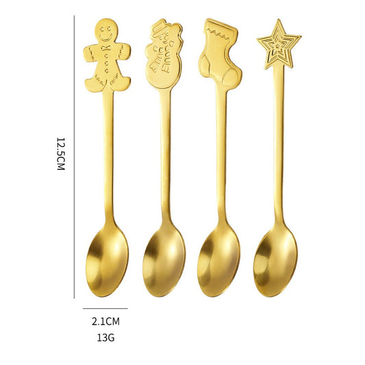 Set 4 Lingurite Craciun, Modele Festive pentru Cafea si Ceai, Otel Inoxidabil 410, Cutie Cadou, Auriu, 12.5 cm
