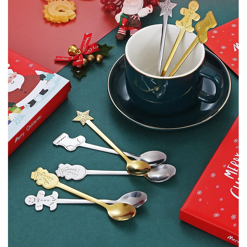 Set 4 Lingurite Craciun, Modele Festive pentru Cafea si Ceai, Otel Inoxidabil 410, Cutie Cadou, Auriu, 12.5 cm