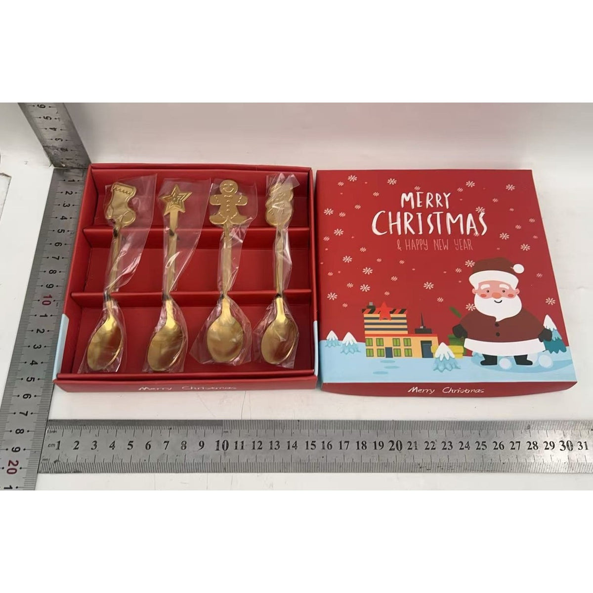 Set 4 Lingurite Craciun, Modele Festive pentru Cafea si Ceai, Otel Inoxidabil 410, Cutie Cadou, Auriu, 12.5 cm