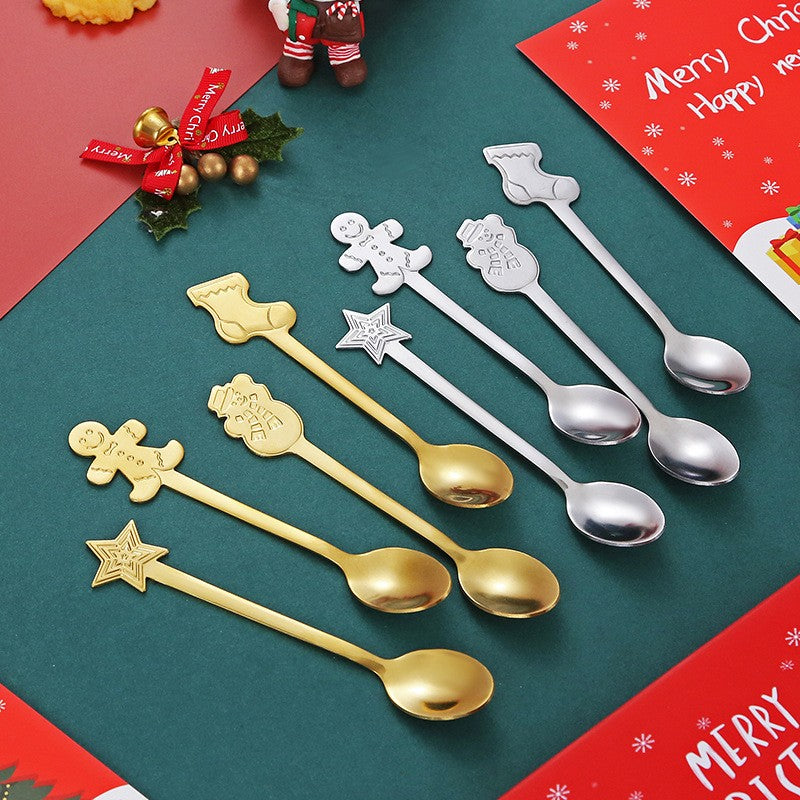 Set 4 Lingurite Craciun, Modele Festive pentru Cafea si Ceai, Otel Inoxidabil 410, Cutie Cadou, Auriu, 12.5 cm