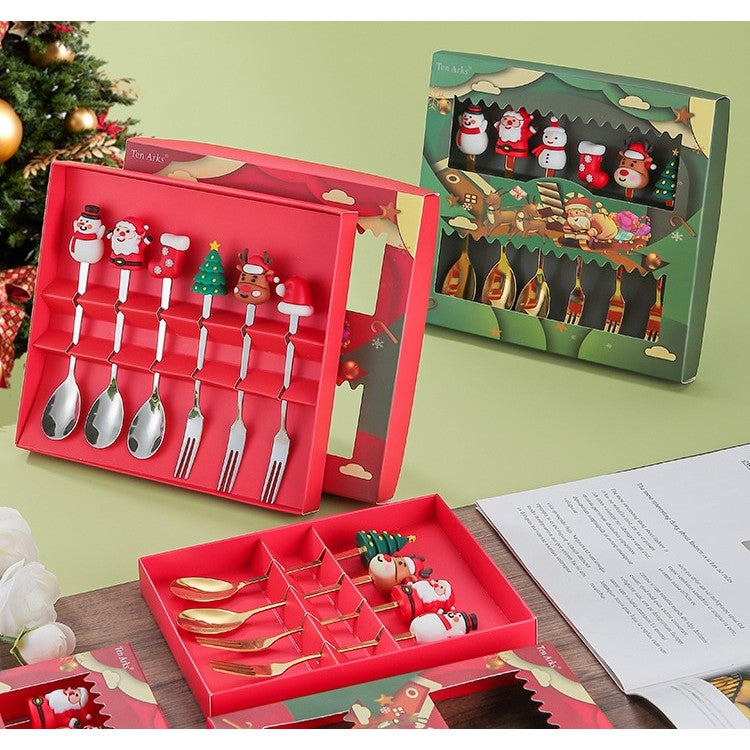 Set 6 Tacamuri Craciun, 3 Linguri si 3 Furculite pentru Desert cu Figurine Festive, Otel Inoxidabil 410, Cutie Cadou, 19 x 22 x 2.2 cm, Argintiu Multicolor