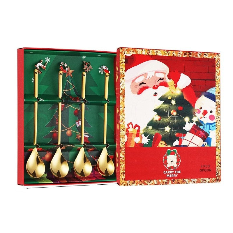Set 4 Lingurite Craciun Carry The Merry, Modele Festive cu Pandantiv, Otel Inoxidabil 430, Cutie Cadou, Auriu si Multicolor, 19 x 16 x 2 cm