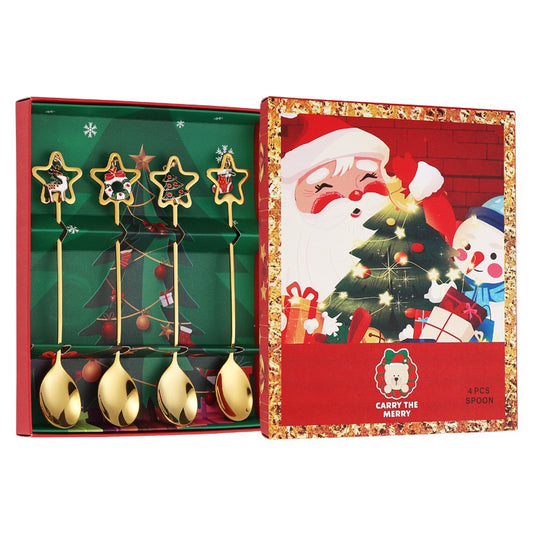 Set 4 Lingurițe Tematice Crăciun Carry The Merry, Modele Pandantiv Festive, Oțel Inoxidabil 430, Cutie Cadou, Auriu și Multicolor, 19 x 16 x 2 cm