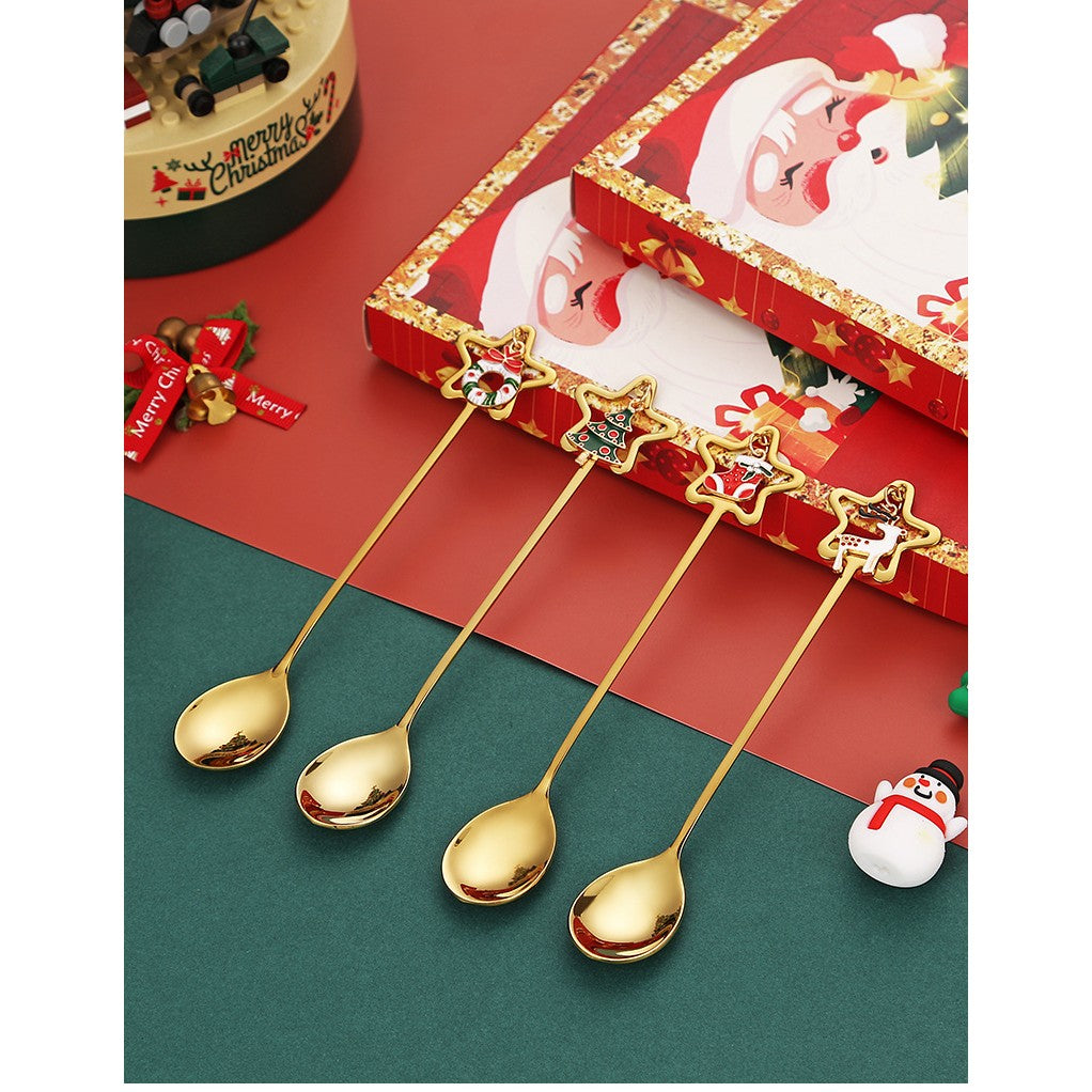 Set 4 Lingurițe Tematice Crăciun Carry The Merry, Modele Pandantiv Festive, Oțel Inoxidabil 430, Cutie Cadou, Auriu și Multicolor, 19 x 16 x 2 cm