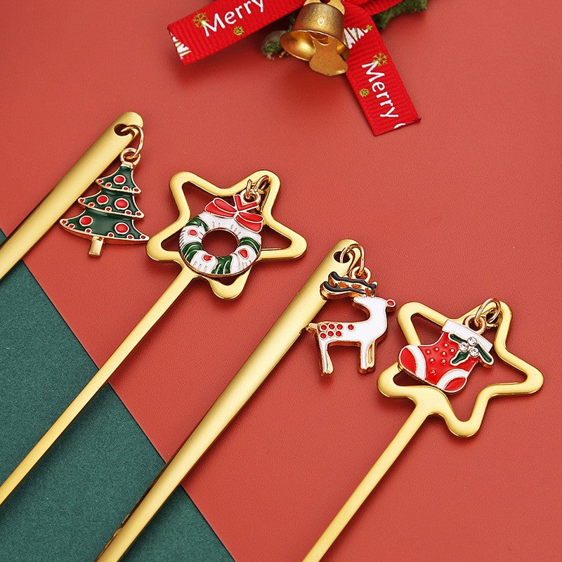Set 4 Lingurițe Tematice Crăciun Carry The Merry, Modele Pandantiv Festive, Oțel Inoxidabil 430, Cutie Cadou, Auriu și Multicolor, 19 x 16 x 2 cm