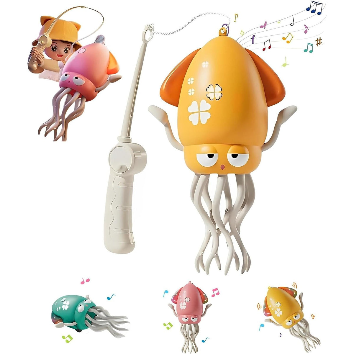 Jucarie Interactiva Caracatita Dansatoare, 3 Moduri de Joc cu Evitare Obstacole, Lumini si Muzica, Plastic ABS cu Incarcare USB, Include Undita, Galben, +3 Ani
