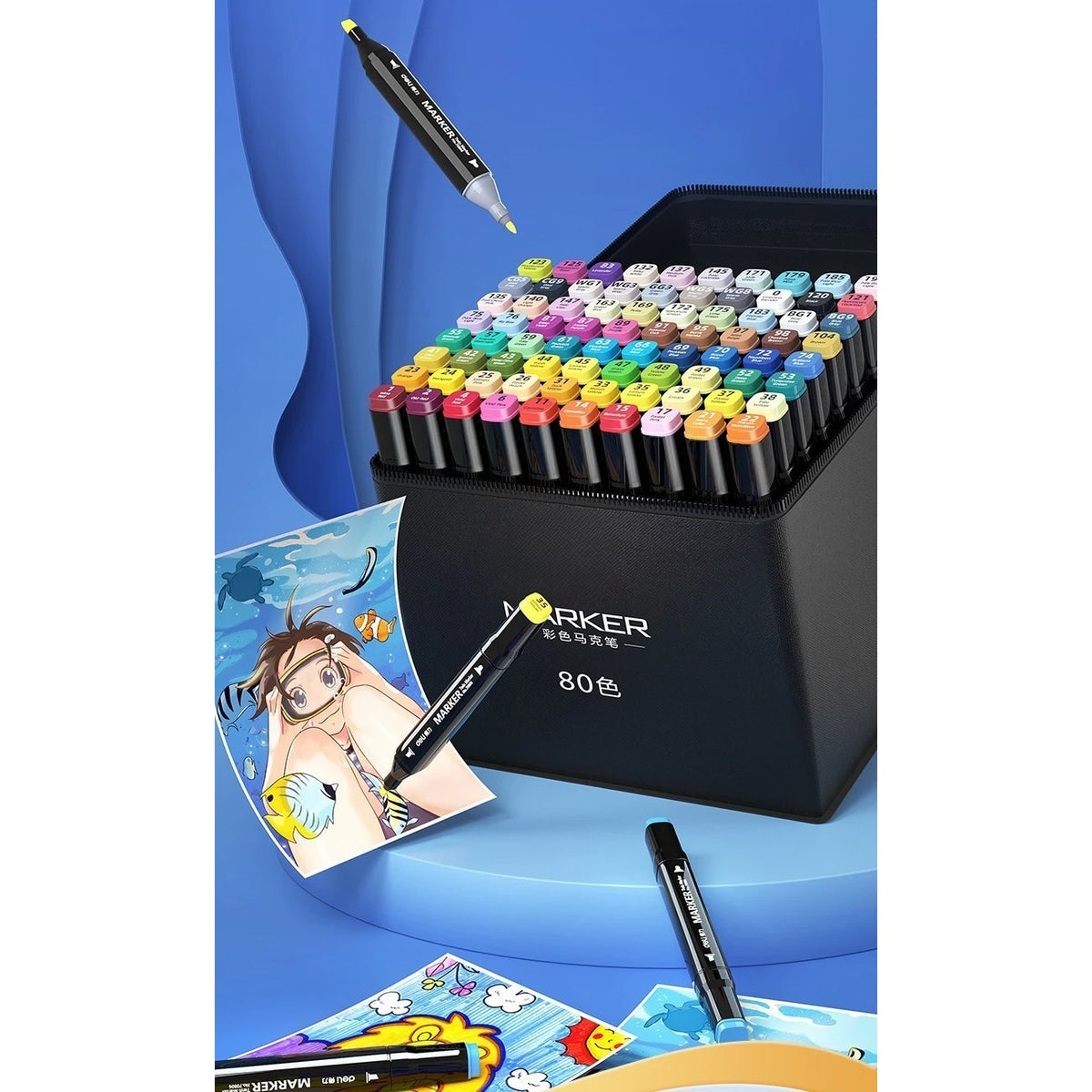 Set 60 Markere Profesionale pe Baza de Alcool, Dublu Capat cu Varfuri 1 mm si 6 mm, Geanta Depozitare Oxford, Multicolor, 60 Bucati