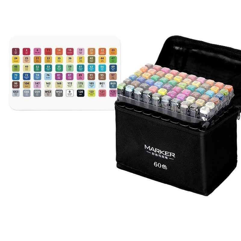 Set 60 Markere Profesionale pe Baza de Alcool, Dublu Capat cu Varfuri 1 mm si 6 mm, Geanta Depozitare Oxford, Multicolor, 60 Bucati