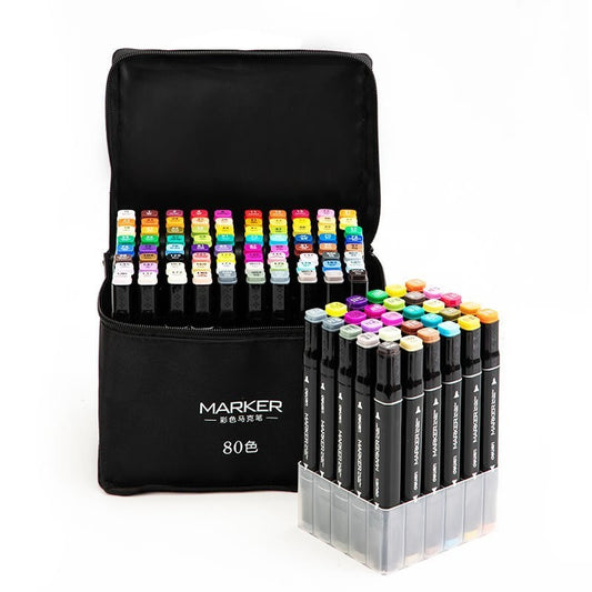 Set Markere Profesionale pe Bază de Alcool, Dublu Capăt 1mm și 6mm, Geantă Depozitare Oxford, 15 cm, Multicolor, Set 80 Bucăți
