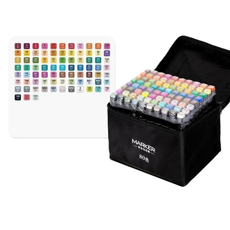 Set Markere Profesionale pe Bază de Alcool, Dublu Capăt 1mm și 6mm, Geantă Depozitare Oxford, 15 cm, Multicolor, Set 80 Bucăți