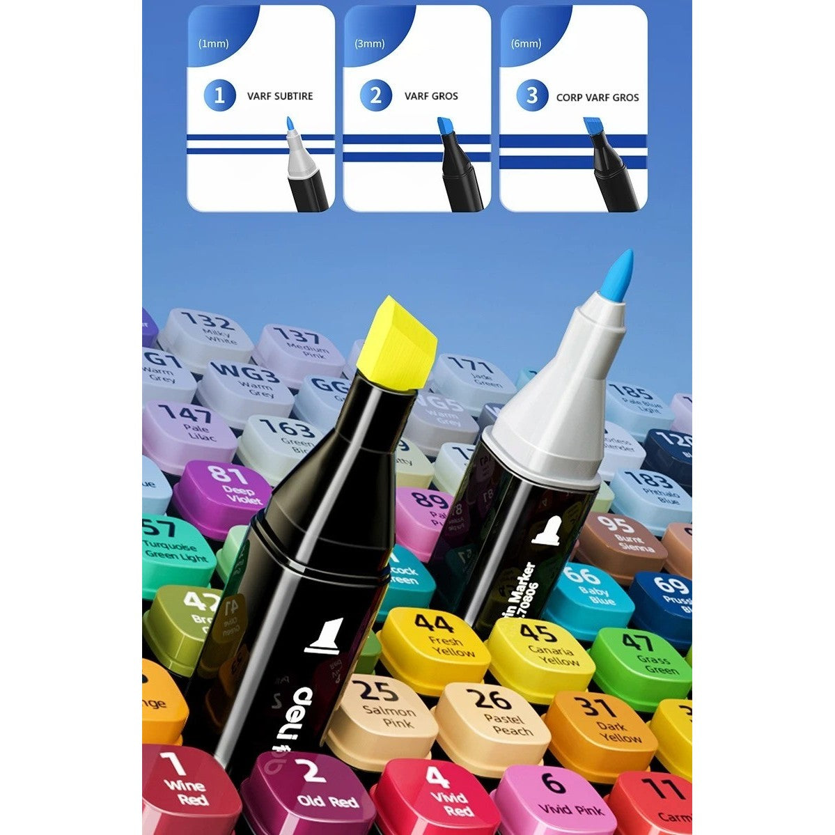 Set Markere Profesionale pe Bază de Alcool, Dublu Capăt 1mm și 6mm, Geantă Depozitare Oxford, 15 cm, Multicolor, Set 80 Bucăți