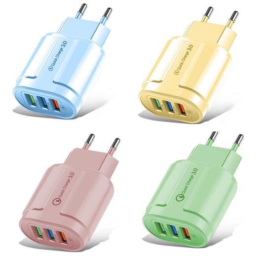 Incarcator Retea Rapid QC3.0, Adaptor Priza cu 3 Porturi USB, Putere 18W si 2.1A, Protectie Supraincalzire, Material ABS, Gama Macarons, Albastru