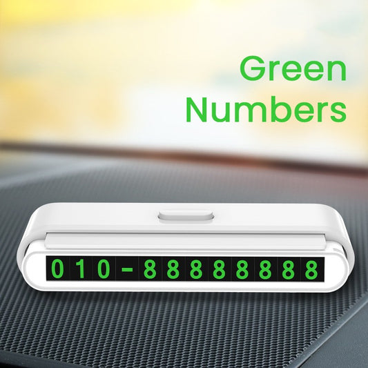 Suport Numar de Telefon pentru Parcare Auto, Card Temporar cu Clapeta Glisanta pentru Confidentialitate, Fixare cu Banda Adeziva, 120 x 48 x 24 mm, Cifre Verzi, Alb