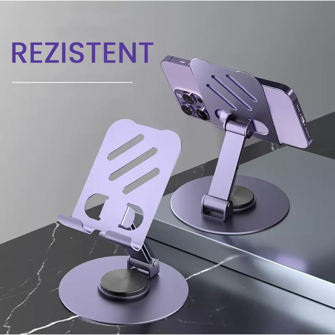 Suport Telefon si Tableta, Rotativ 360 Grade, Design Pliabil si Reglabil, Structura Metalica, pentru Desktop, 10.5 x 9 x 9 cm, Mov Inchis